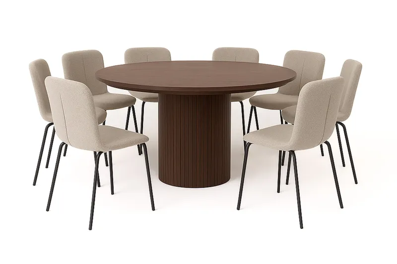 Kopparbo Runt Matbord 180 cm med 8 Katy Matstolar, Valnöt / Greige Bouclé / Metallben Svart