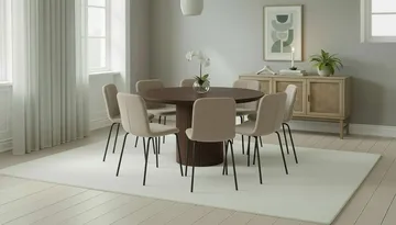 Kopparbo Runt Matbord 180 cm med 8 Katy Matstolar - Valnöt / Greige Bouclé / Metallben Svart - Möbler - Bord & matgrupp - Matgrupp