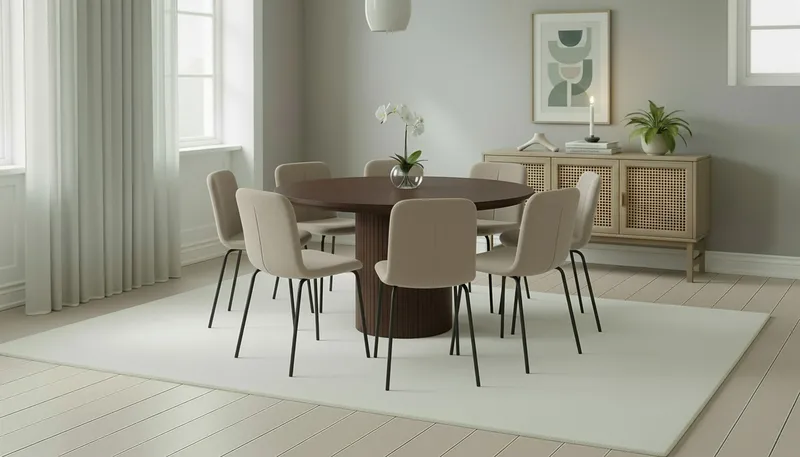 Kopparbo Runt Matbord 180 cm med 8 Katy Matstolar - Valnöt / Greige Bouclé / Metallben Svart - Möbler - Bord & matgrupp - Matgrupp