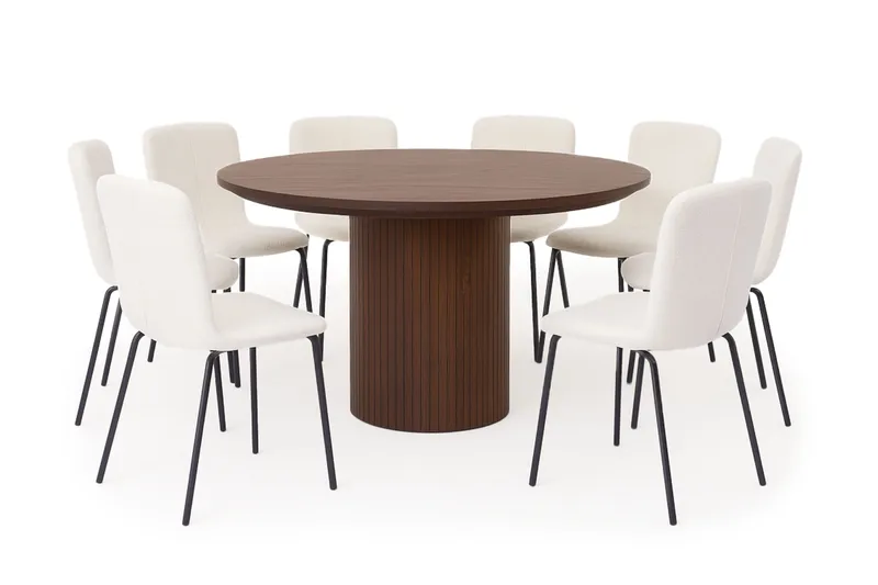 Kopparbo Runt Matbord 180 cm med 8 Katy Matstolar, Valnöt / Vit Bouclé / Metallben Svart