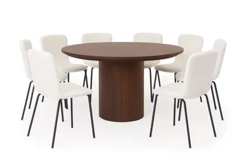 Kopparbo Runt Matbord 180 cm med 8 Katy Matstolar - Valnöt / Vit Bouclé / Metallben Svart - Möbler - Bord & matgrupp - Matgrupp