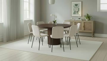 Kopparbo Runt Matbord 180 cm med 8 Katy Matstolar - Valnöt / Vit Bouclé / Metallben Svart - Möbler - Bord & matgrupp - Matgrupp