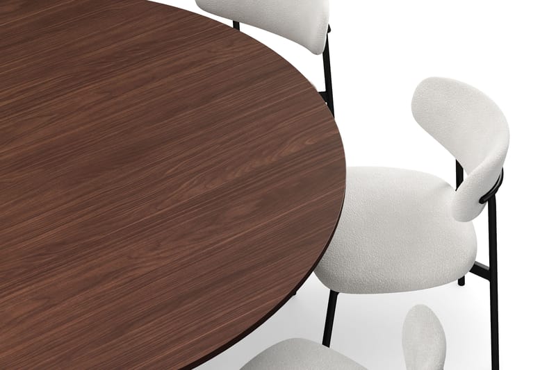 Kopparbo Runt Matbord 180 cm med 8 Lucy Matstolar - Valnöt / Greige Bouclé / Metallben Svart - Möbler - Bord & matgrupp - Matgrupp