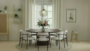 Kopparbo Runt Matbord 180 cm med 8 Lucy Matstolar - Valnöt / Greige Bouclé / Metallben Svart - Möbler - Bord & matgrupp - Matgrupp