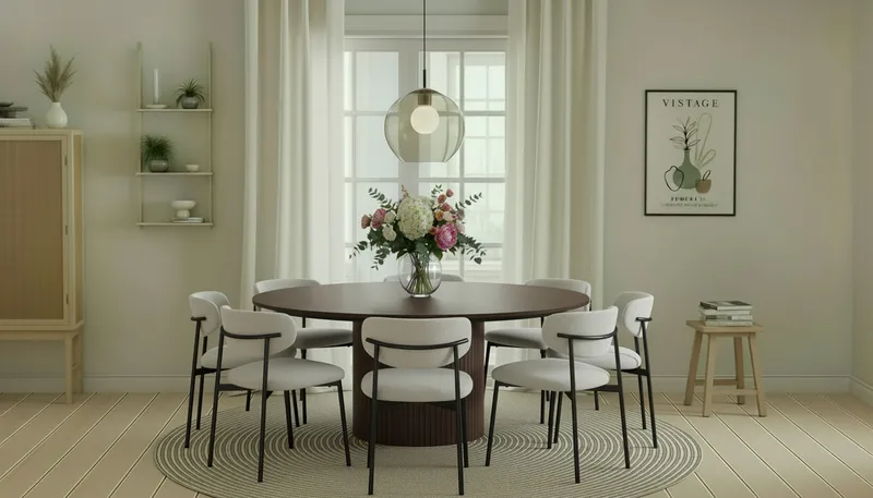 Kopparbo Runt Matbord 180 cm med 8 Lucy Matstolar - Valnöt / Greige Bouclé / Metallben Svart - Möbler - Bord & matgrupp - Matgrupp