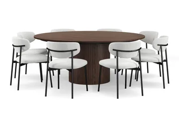 Kopparbo Runt Matbord 180 cm med 8 Lucy Matstolar - Valnöt / Greige Bouclé / Metallben Svart - Möbler - Bord & matgrupp - Matgrupp