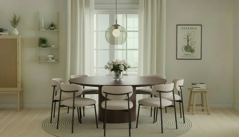 Kopparbo Runt Matbord 180 cm med 8 Lucy Matstolar - Valnöt / Vit Bouclé / Metallben Svart - Möbler - Bord & matgrupp - Matgrupp