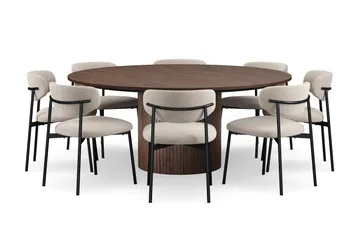 Kopparbo Runt Matbord 180 cm med 8 Lucy Matstolar - Valnöt / Vit Bouclé / Metallben Svart - Möbler - Bord & matgrupp - Matgrupp