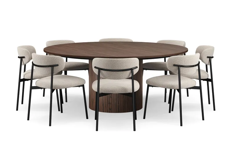 Kopparbo Runt Matbord 180 cm med 8 Lucy Matstolar, Valnöt / Vit Bouclé / Metallben Svart