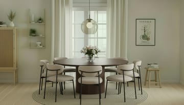 Kopparbo Runt Matbord 180 cm med 8 Lucy Matstolar - Valnöt / Vit Bouclé / Metallben Svart - Möbler - Bord & matgrupp - Matgrupp