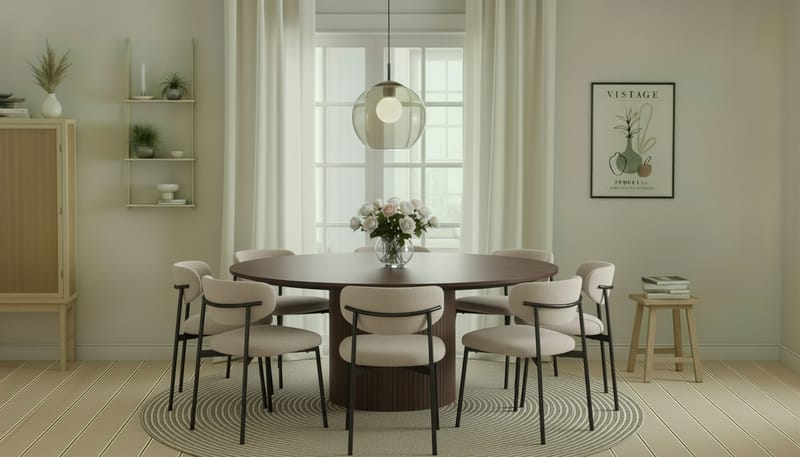 Kopparbo Runt Matbord 180 cm med 8 Lucy Matstolar - Valnöt / Vit Bouclé / Metallben Svart - Möbler - Bord & matgrupp - Matgrupp