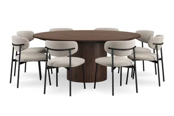 Kopparbo Runt Matbord 180 cm med 8 Lucy Matstolar - Valnöt / Vit Bouclé / Metallben Svart - Möbler - Bord & matgrupp - Matgrupp