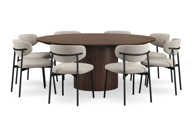 Kopparbo Runt Matbord 180 cm med 8 Lucy Matstolar - Valnöt / Vit Bouclé / Metallben Svart - Möbler - Bord & matgrupp - Matgrupp