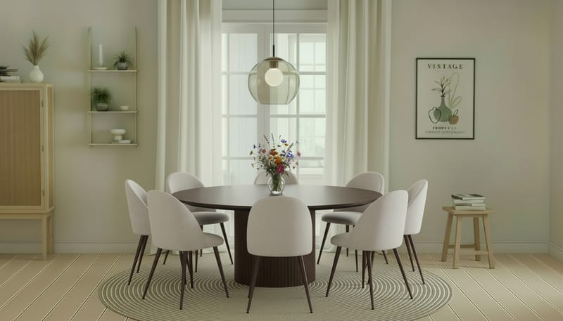 Kopparbo Runt Matbord 180 cm med 8 Nibe Plus Matstolar - Valnöt / Vit Bouclé / Metallben Valnöt - Möbler - Bord & matgrupp - Matgrupp