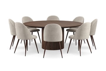 Kopparbo Runt Matbord 180 cm med 8 Nibe Plus Matstolar - Valnöt / Greige Bouclé / Metallben Valnöt - Möbler - Bord & matgrupp - Matgrupp