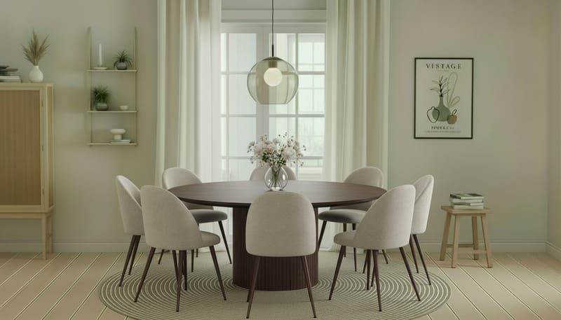 Kopparbo Runt Matbord 180 cm med 8 Nibe Plus Matstolar - Valnöt / Greige Bouclé / Metallben Valnöt - Möbler - Bord & matgrupp - Matgrupp