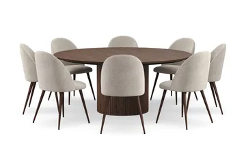 Kopparbo Runt Matbord 180 cm med 8 Nibe Plus Matstolar - Valnöt / Greige Bouclé / Metallben Valnöt - Möbler - Bord & matgrupp - Matgrupp