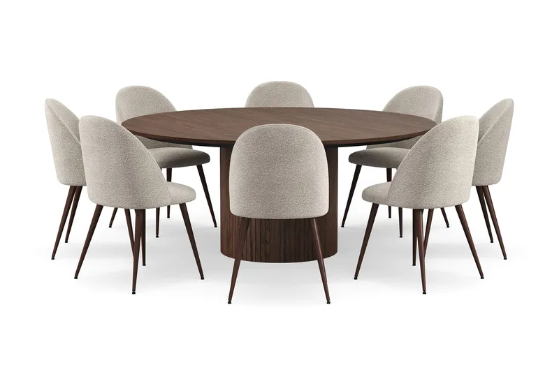 Kopparbo Runt Matbord 180 cm med 8 Nibe Plus Matstolar - Valnöt / Greige Bouclé / Metallben Valnöt - Möbler - Bord & matgrupp - Matgrupp
