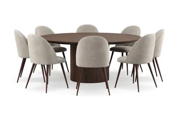 Kopparbo Runt Matbord 180 cm med 8 Nibe Plus Matstolar - Valnöt / Greige Bouclé / Metallben Valnöt - Möbler - Bord & matgrupp - Matgrupp