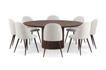 Kopparbo Runt Matbord 180 cm med 8 Nibe Plus Matstolar - Valnöt / Vit Bouclé / Metallben Valnöt - Möbler - Bord & matgrupp - Matgrupp