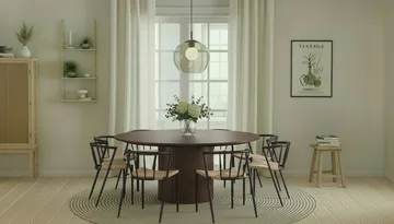 Kopparbo Runt Matbord 180 cm med 8 Winston Matstolar - Valnöt / Beige / Metallben Svart - Möbler - Bord & matgrupp - Matgrupp