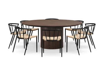 Kopparbo Runt Matbord 180 cm med 8 Winston Matstolar - Valnöt / Beige / Metallben Svart - Möbler - Bord & matgrupp - Matgrupp