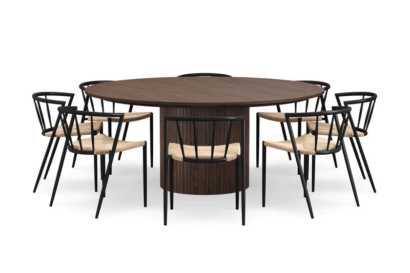 Kopparbo Runt Matbord 180 cm med 8 Winston Matstolar - Valnöt / Beige / Metallben Svart - Möbler - Bord & matgrupp - Matgrupp