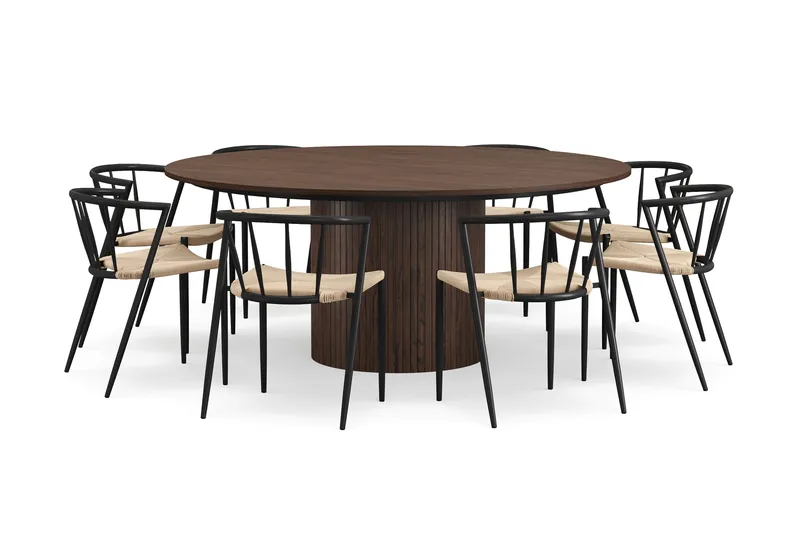 Kopparbo Runt Matbord 180 cm med 8 Winston Matstolar, Valnöt / Beige / Metallben Svart