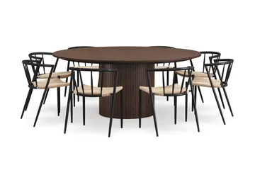 Kopparbo Runt Matbord 180 cm med 8 Winston Matstolar - Valnöt / Beige / Metallben Svart - Möbler - Bord & matgrupp - Matgrupp