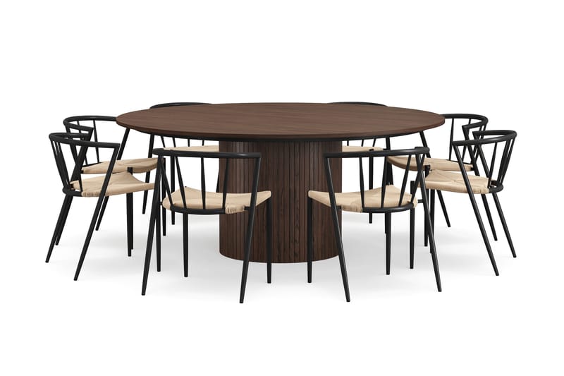 Kopparbo Runt Matbord 180 cm med 8 Winston Matstolar, Valnöt / Beige / Metallben Svart
