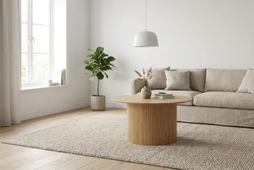 Kopparbo Runt Soffbord 85 cm med Trä- och Ekutseende, Ribbad Pelarfot och Tunn Bordsskiva - Natur - Möbler - Bord & matgrupp - Soffbord