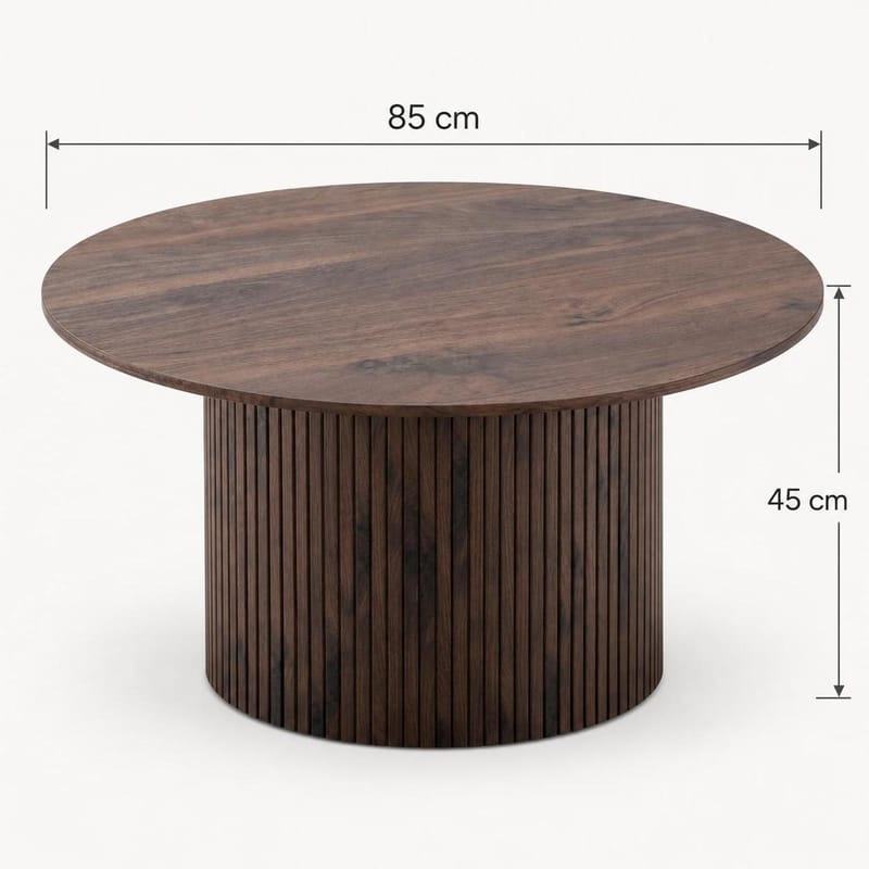 Kopparbo Runt Soffbord 85 cm med Trä- och Valnötsutseende, Ribbad Pelarfot och Tunn Bordsskiva - Brun - Möbler - Bord & matgrupp - Soffbord