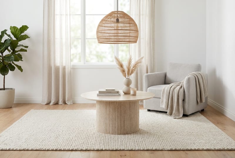 Kopparbo Runt Soffbord 85 cm med Travertinutseende, Ribbad Pelarfot och Tunn Bordsskiva - Beige - Möbler - Bord & matgrupp - Soffbord