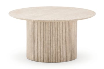 Kopparbo Runt Soffbord 85 cm med Travertinutseende, Ribbad Pelarfot och Tunn Bordsskiva - Beige - Möbler - Bord & matgrupp - Soffbord