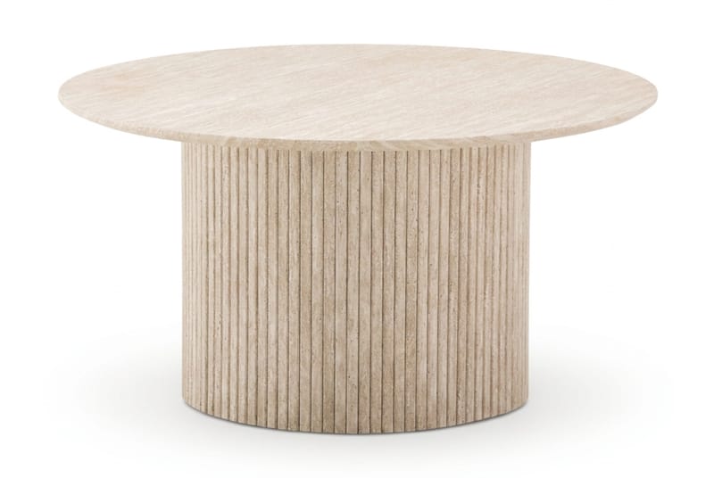 Kopparbo Runt Soffbord 85 cm med Travertinutseende, Ribbad Pelarfot och Tunn Bordsskiva - Beige - Möbler - Bord & matgrupp - Soffbord