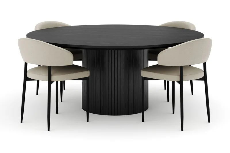 Kopparbo Runt Stort Matbord 180 cm med 4 Sawako Stolar, Svart