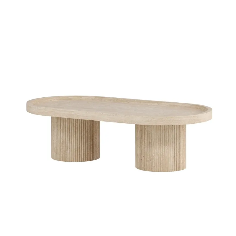 Krille Ovalt Soffbord i Sten med Räfflade Pelarben - Beige - Möbler - Bord & matgrupp - Soffbord