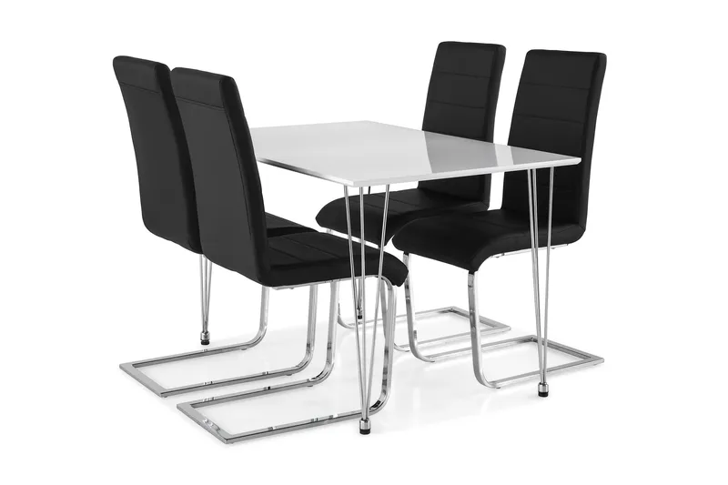 Kronblom Matgrupp 120 cm med 4 Cibus Stol, Vit/Krom/Svart PU