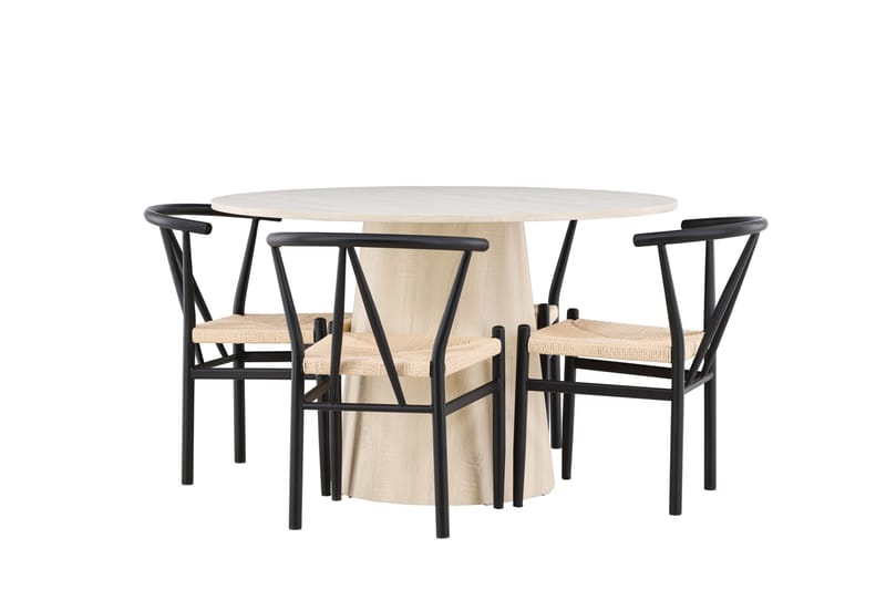 Lanzo Matgrupp 120 cm Rund med 4 Alfons stolar, Whitewash/Svart