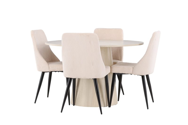Lanzo Matgrupp 120 cm Rund med 4 Leone stolar, Whitewash/Beige