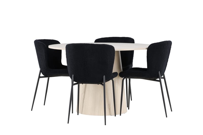 Lanzo Matgrupp 120 cm Rund med 4 Modesto stolar, Whitewash/Svart