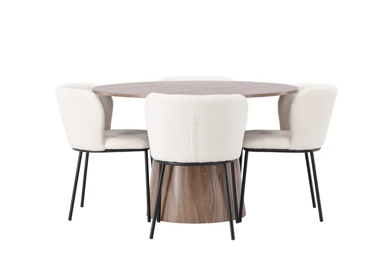 Lanzo Rund Matgrupp i Trä 120 cm med 4 Edina Stolar - Natur / Beige / Vit - Möbler - Bord & matgrupp - Matgrupp