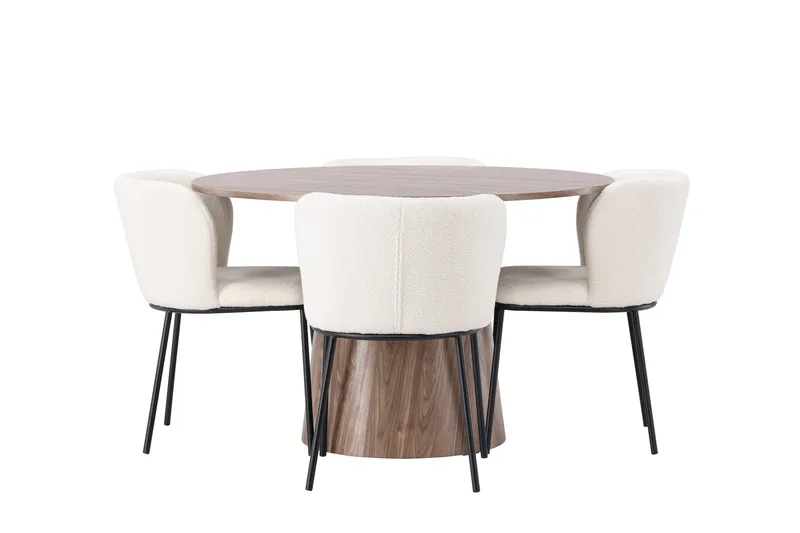 Lanzo Rund Matgrupp i Trä 120 cm med 4 Edina Stolar - Natur / Beige / Vit - Möbler - Bord & matgrupp - Matgrupp