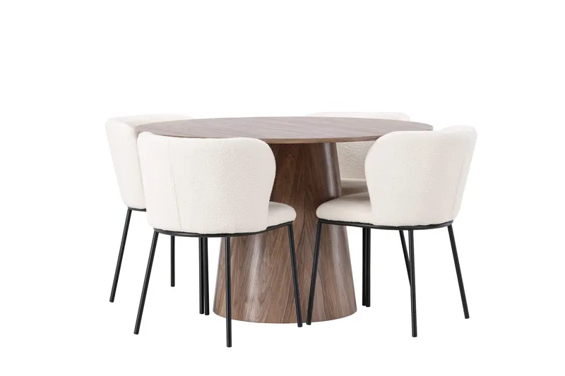 Lanzo Rund Matgrupp i Trä 120 cm med 4 Edina Stolar - Natur / Beige / Vit - Möbler - Bord & matgrupp - Matgrupp