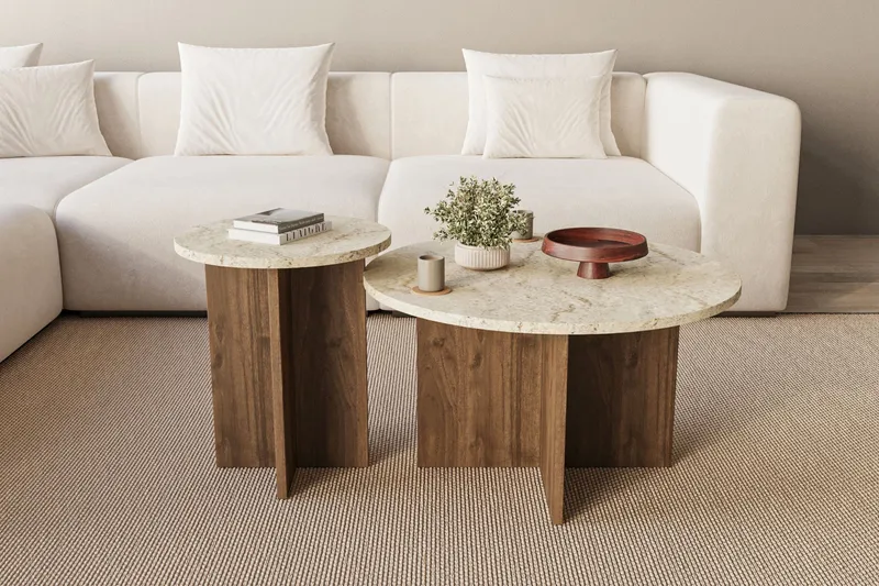 Lorricus Soffbord 70 cm Rund - Travertin Och Valnöt - Möbler - Bord & matgrupp - Soffbord
