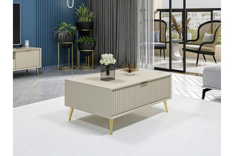 Luxe 90 cm Rektangulärt Soffbord med Lådor i Trä - Beige - Möbler - Bord & matgrupp - Soffbord