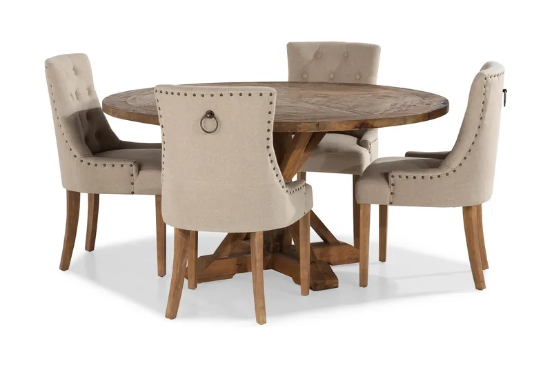 Lyon Matgrupp Ø150 cm Rund med 4 st Viktoria Stolar - Vintage Alm / Beige - Möbler - Bord & matgrupp - Matgrupp