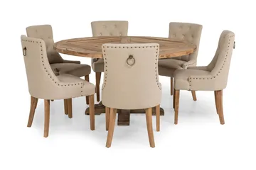 Lyon Matgrupp Ø150 cm Rund med 6 st Viktoria Stolar - Vintage Alm/Beige - Möbler - Bord & matgrupp - Matgrupp