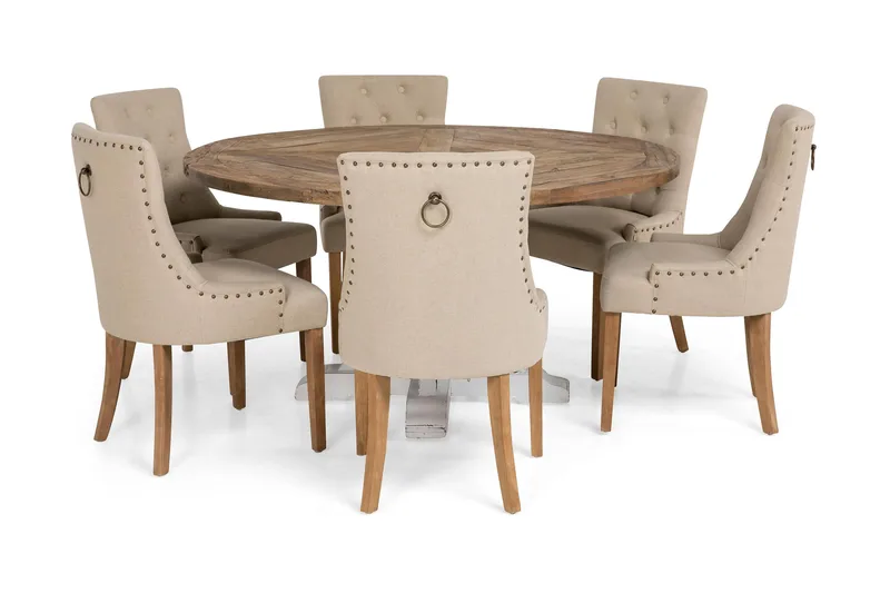 Lyon Matgrupp Ø150 cm Rund med 6 st Viktoria Stolar - Vintage Natur / Vit / Beige - Möbler - Bord & matgrupp - Matgrupp