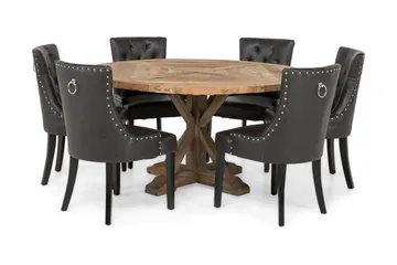 Lyon Rund Matgrupp 150 cm med 6 Tuva Stolar - Brun Vintage Alm / Svart Pu - Möbler - Bord & matgrupp - Matgrupp